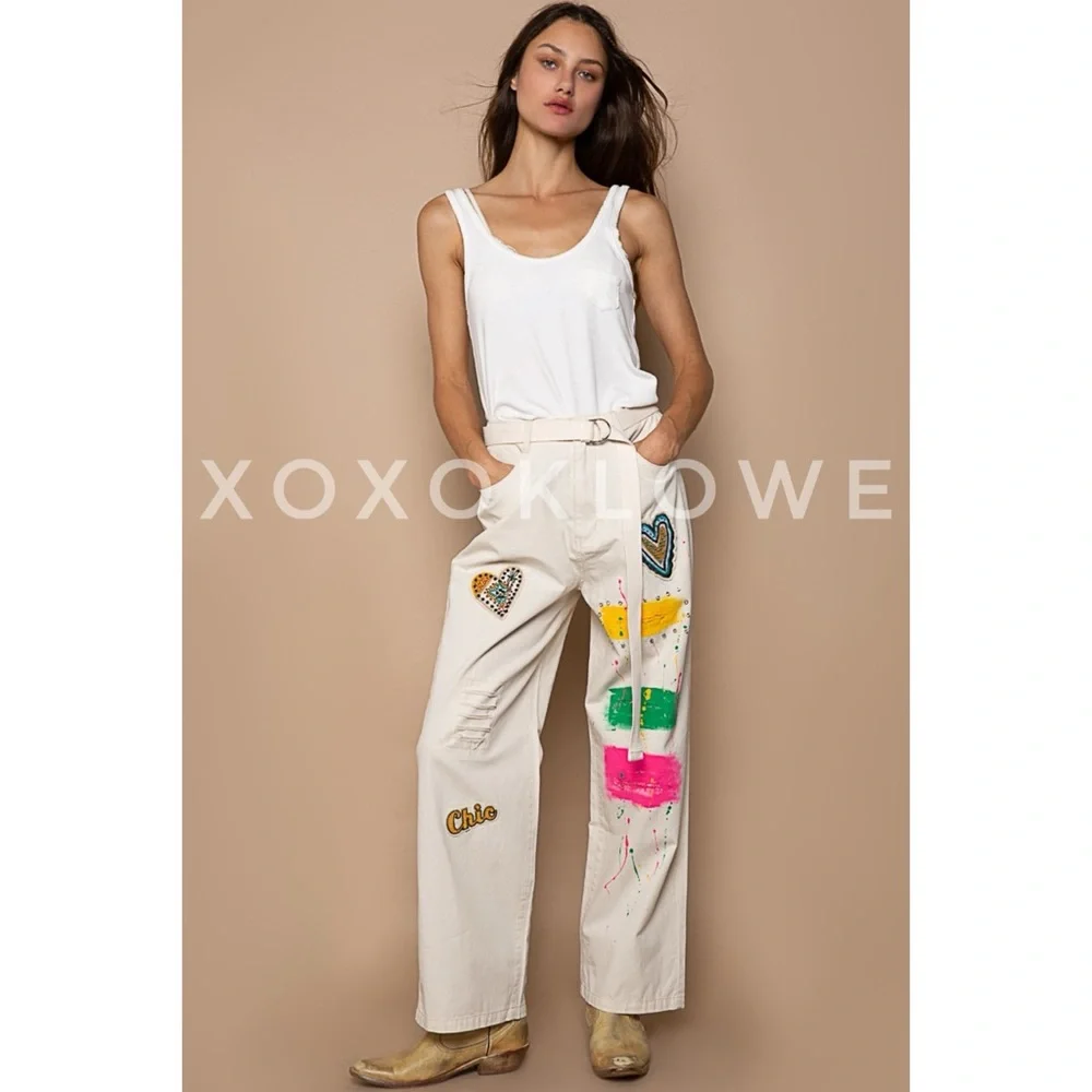 POL Cream Paint & Patch Loose Fit Wide Leg Pants - Picture 13 of 16